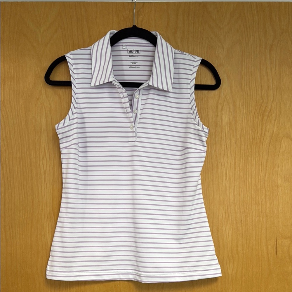 Adidas White and Lavender Striped Sleeveless Polo Top